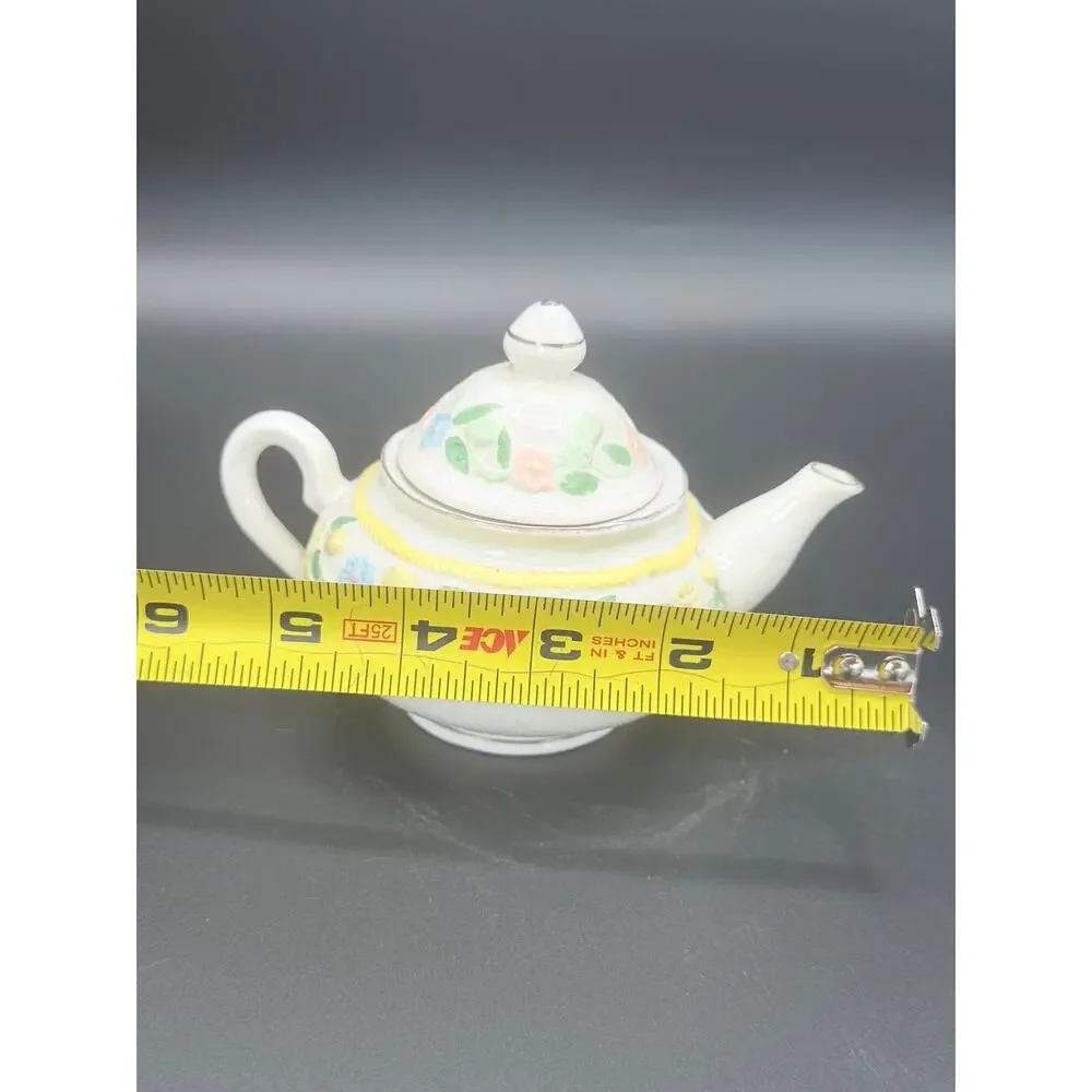 Floral Applique Ceramic Teapot Raised Flowers Yellow Rope Trim 6 Inch
